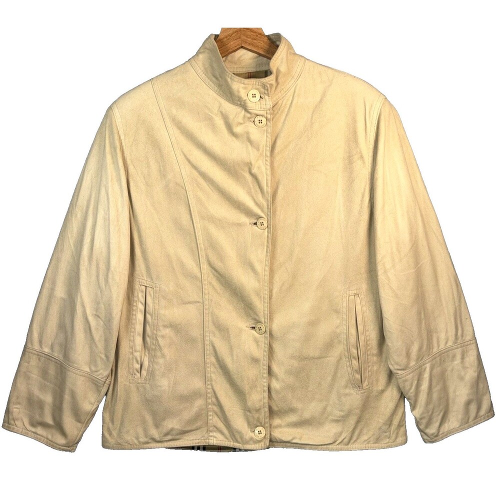 VTG Reportage RGA Italy Faux Suede Jacket Women L Beige Plaid Lined Button Coat
